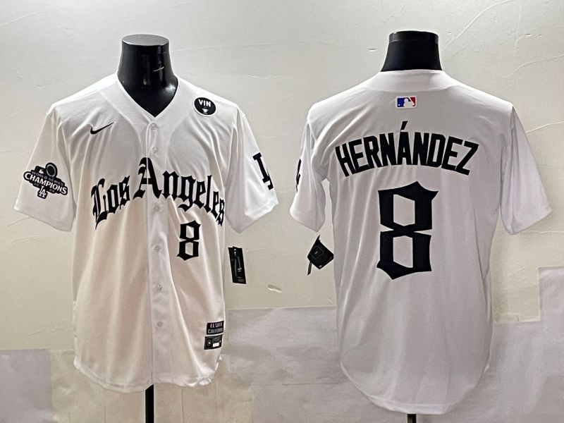 Men 2025 Los Angeles Dodgers 8 Hernandez White Five generations Joint Name Nike MLB Jersey style 5187